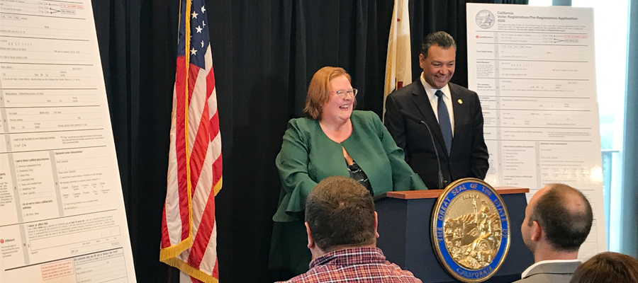 LWVC Executive Director Melissa Breach speaks about the new voter registration card at the Secretary of State's office on April 5. LWVC Executive Director Melissa Breach speaks about the new voter registration form at the press event on April 5, 2018.