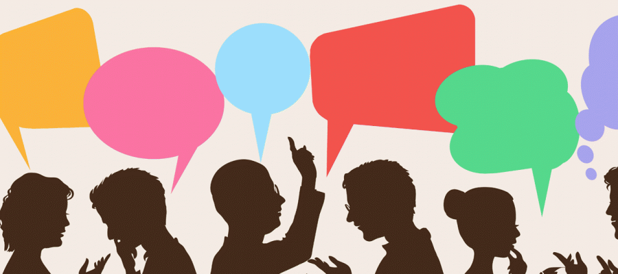 People with talking bubbles for post election survey feebdack, survey