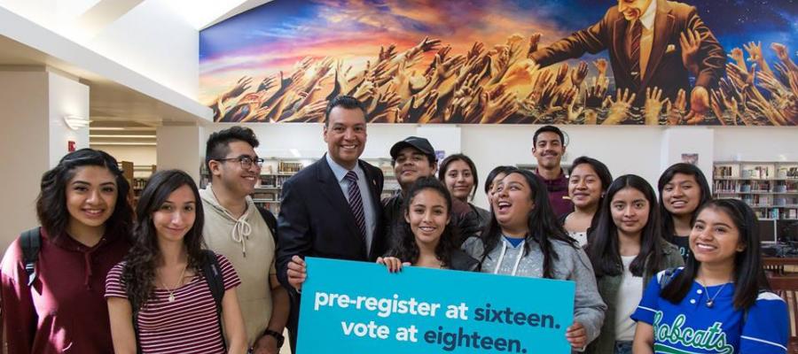 Secretary of State Alex Padilla with high school kids Secretary of State Alex padilla Preregistration for 16 and 17 year olds, voter registration, voting, youth, high school
